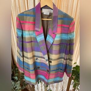 vintage Evan Picone double-breasted blazer with a colorful plaid pattern.